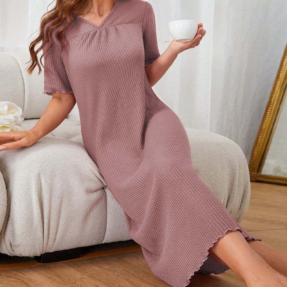 V neck One Step Summer Simple Comfortable High Grade Mid Length Night Dress Women - Wild Amber Fashion