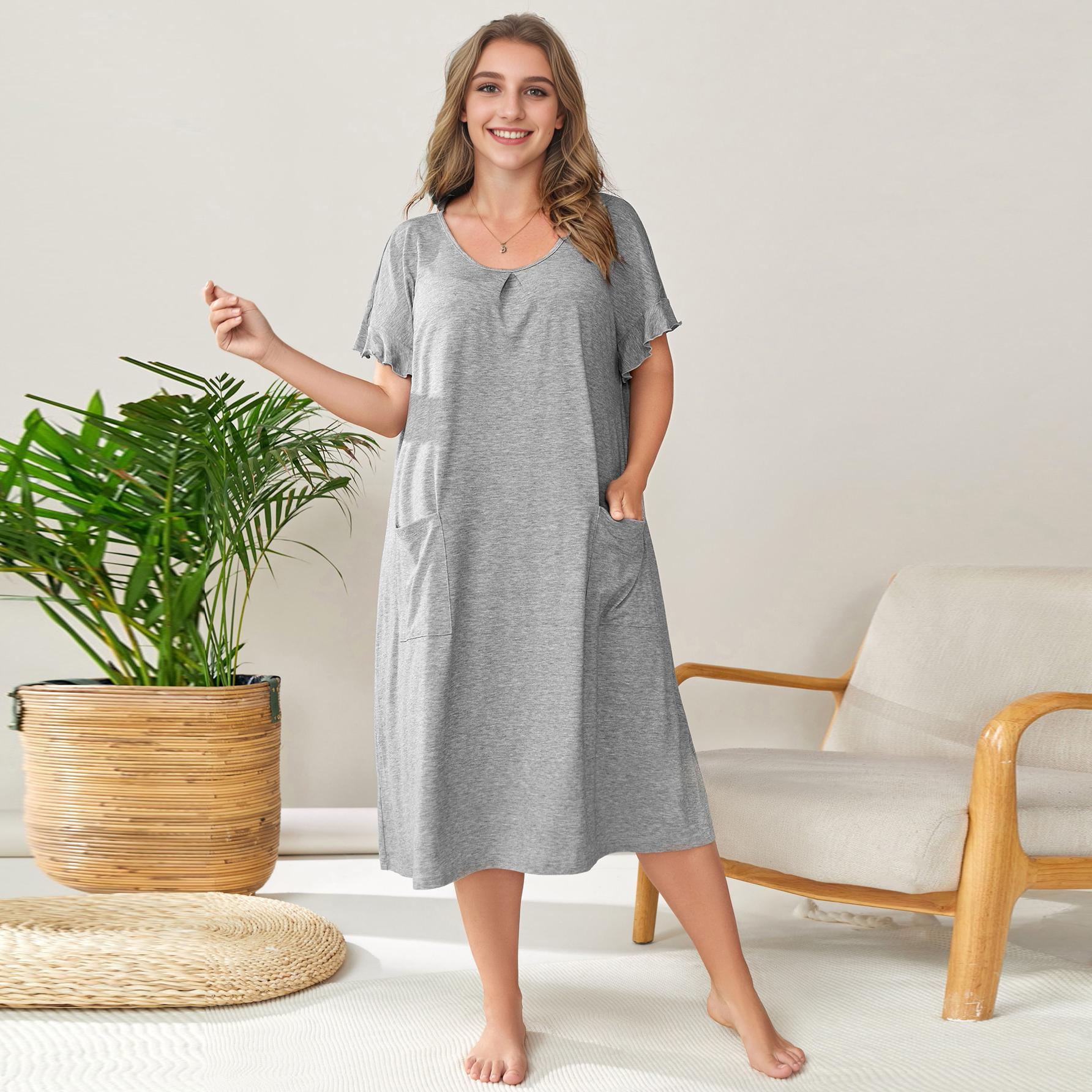 Plus Size Summer Women Clothing Dress Casual Home Pajamas Pocket Long Short Sleeve Nightdress for Women - Wild Amber Fashion