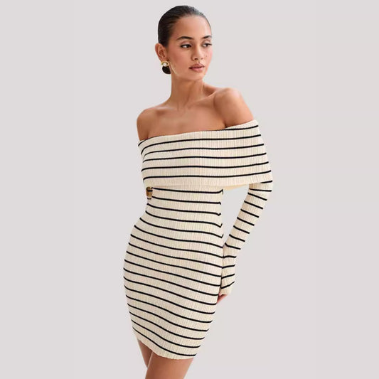 Beach Vacation Off Shoulder Striped Long Sleeve Off Shoulder Collar Knit Casual Short Dress Women - Wild Amber Fashion