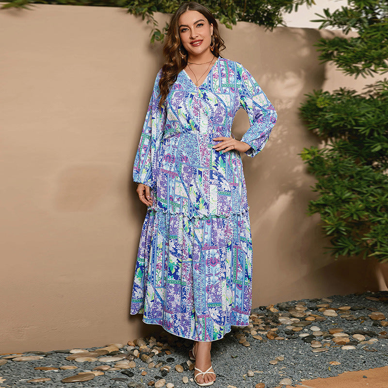 Plus Size Spring Dress Printed V neck Long Sleeve Floral Dress Loose Swing Dress - Wild Amber Fashion