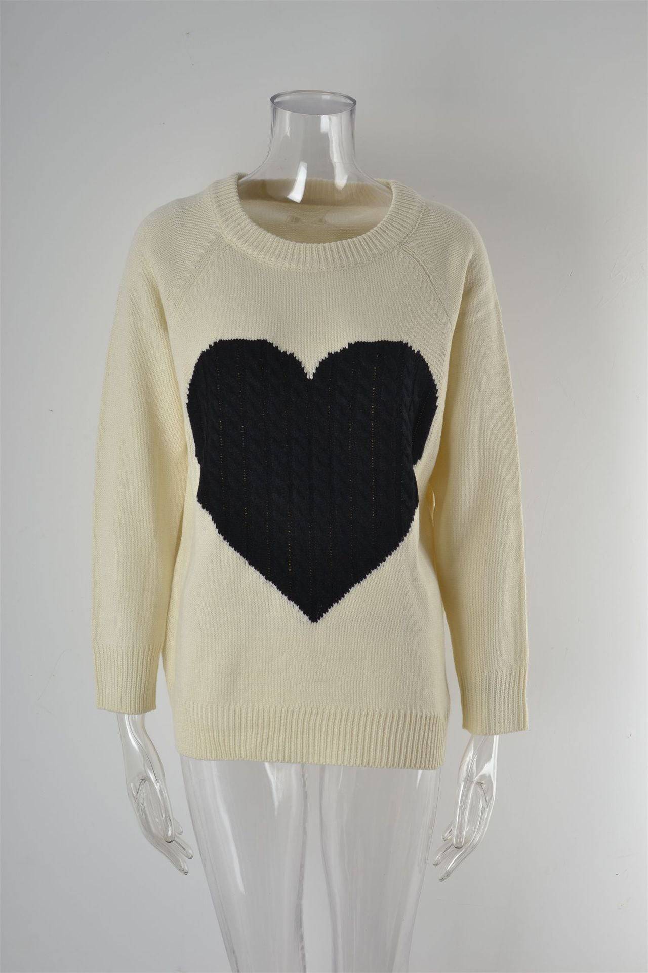 Knitwear Women Autumn Winter Women Knitwear Heart Trendy Pullover Sweater Women  S Beige White and Black Love 