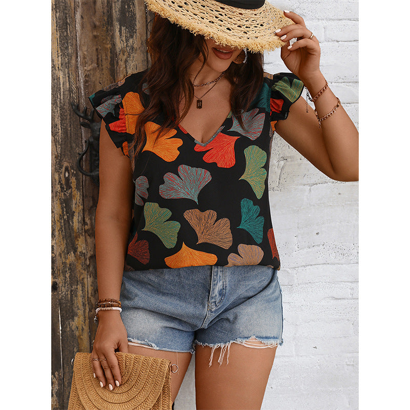 Plus Size Summer Women Fashionable V neck Lotus Sleeve Shirt Independent Stand Slimming Printed Casual Shirt - Wild Amber Fashion