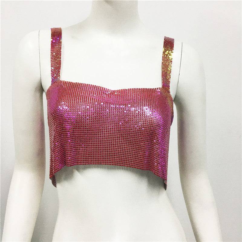 Seductive Metal Sequin Crop Top for Glamorous Nights Out  One Size Colorful Red 