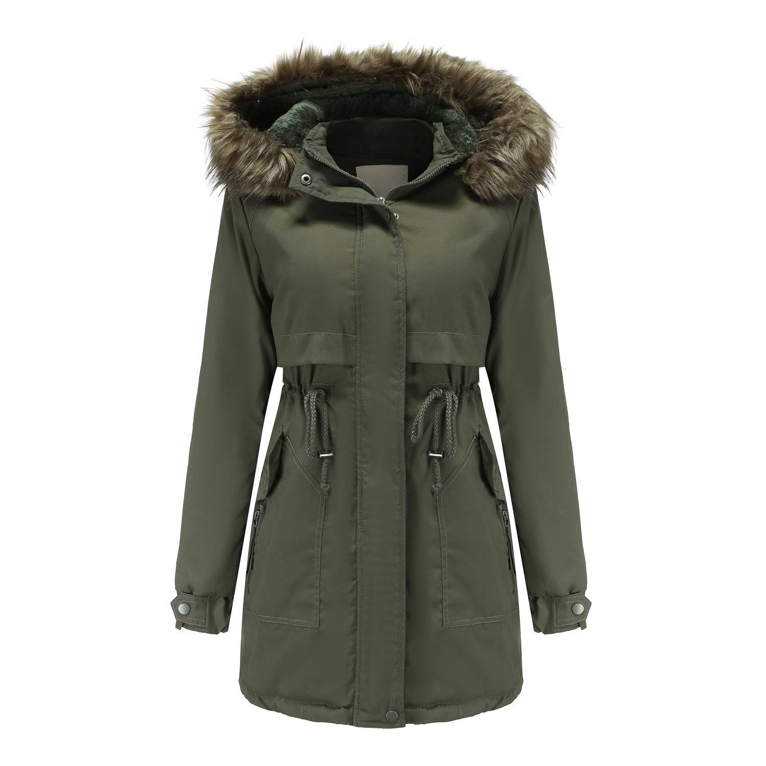 Women's Quilted Parka with Detachable Fur Collar and Hat  M Army Green 