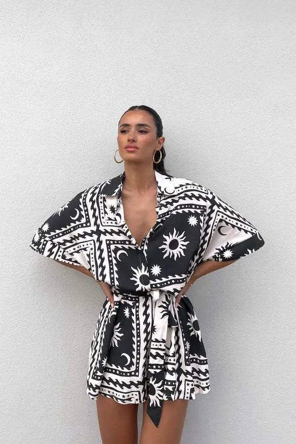 Geometric Printed Belted Jumpsuit for Women  S Black Jumpsuit 