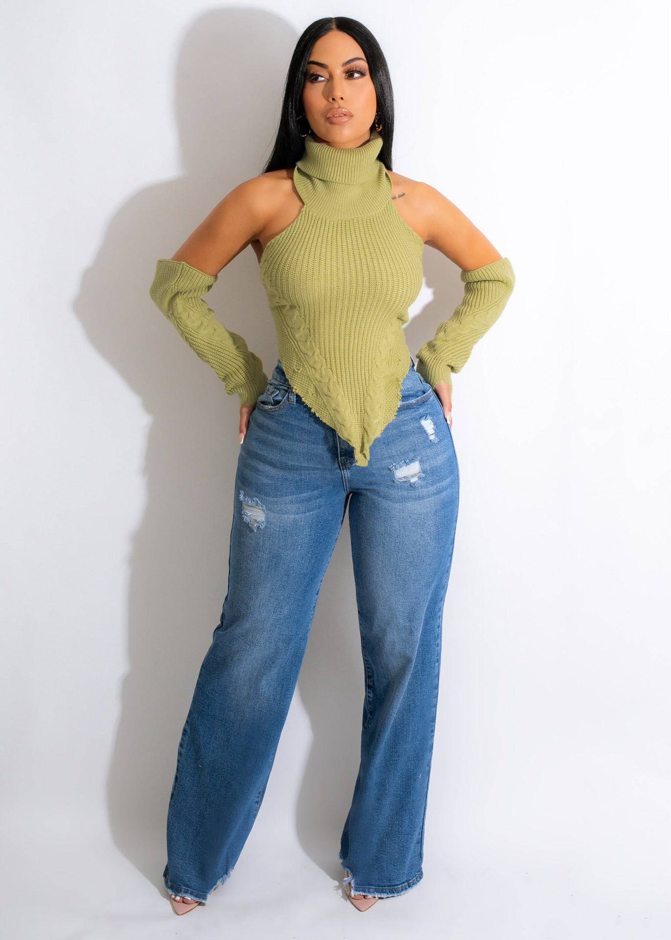 Hand Crochet Turtleneck Irregular Asymmetric Top for Autumn/Winter  S Pea Green-7 