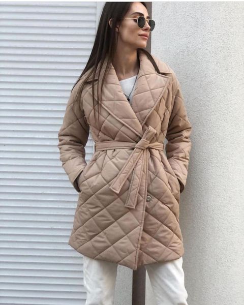 Rhombus Cotton Padded Mid-Length Collared Autumn Winter Street Women Coat Waist-Controlled Pocket Cotton Padded Coat for Women - Wild Amber Fashion