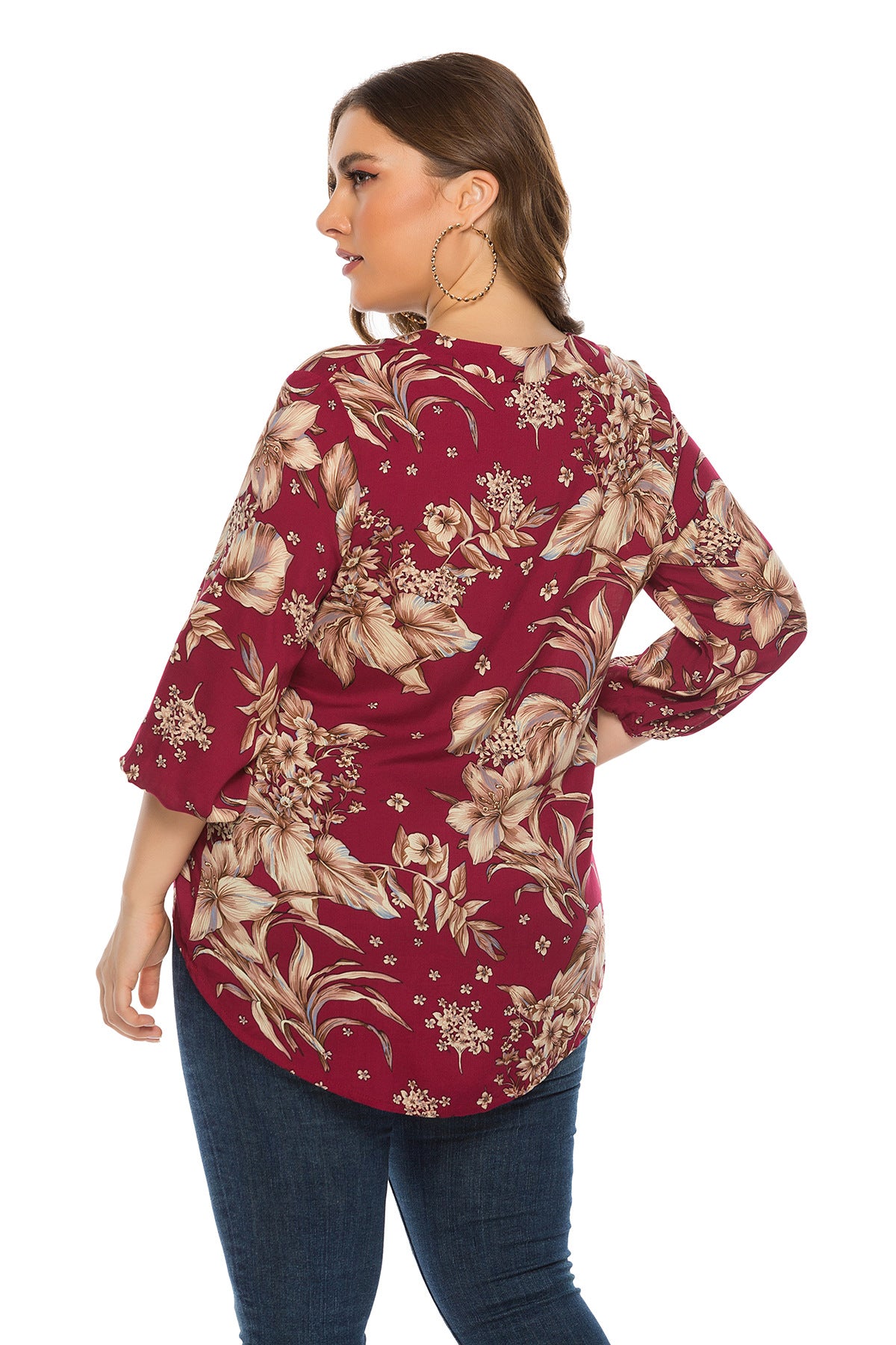 Plus Size Women Clothing Spring Autumn Long Sleeve V neck Printed Rayon Top - Wild Amber Fashion