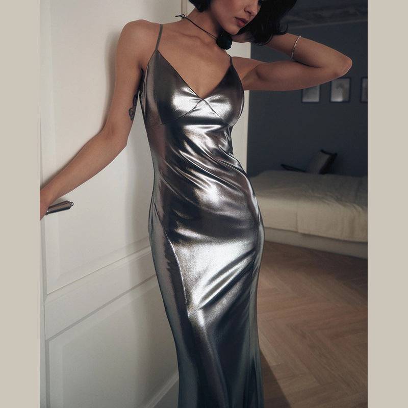 Liquid Metal Glossy Silver Dress - Elegant and Sensual Women's Formal Wear  S Silver 