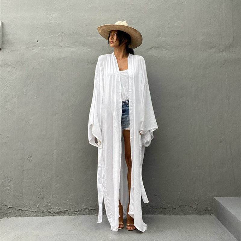 Rayon Belted Beach Cover Up  One Size White 