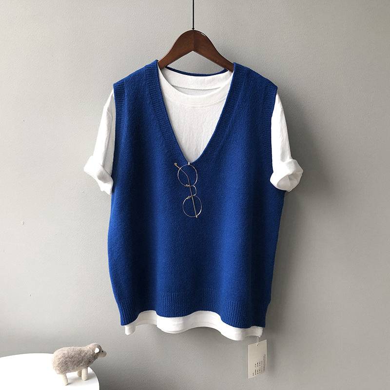 Knitted Vest Women Spring Preppy V neck Loose Idle Sleeveless Waistcoat  One Size royal blue 