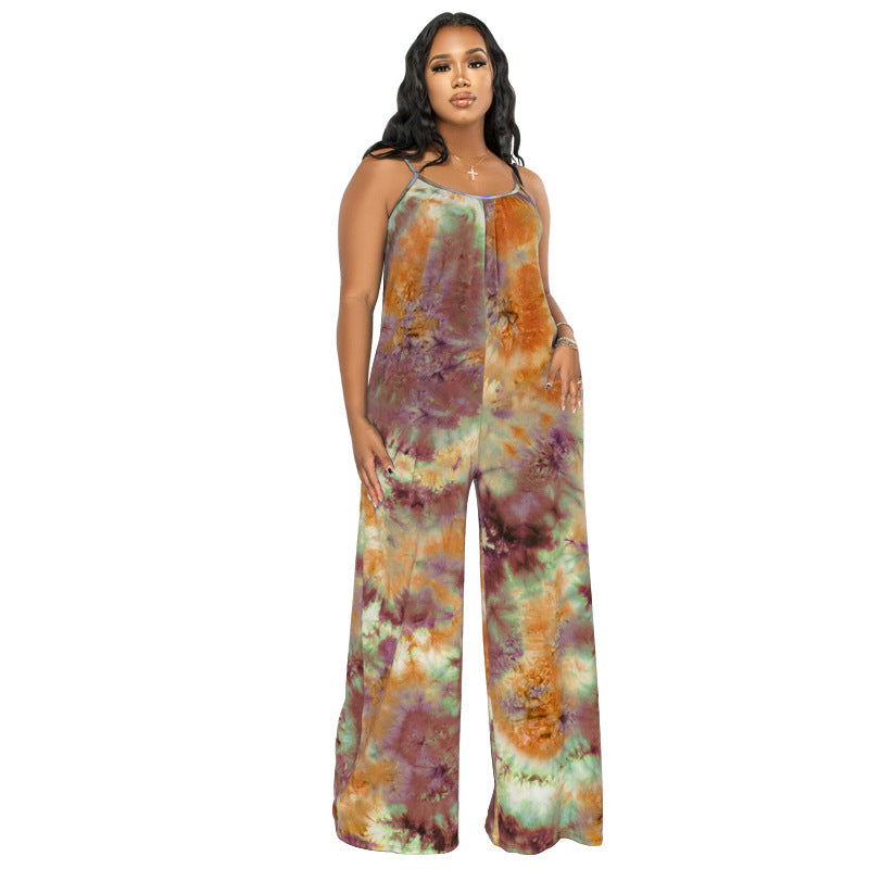 Plus Size New Tie-Dyed Printed Sling Casual Pants Straight Stylish Loose Jumpsuit - Wild Amber Fashion