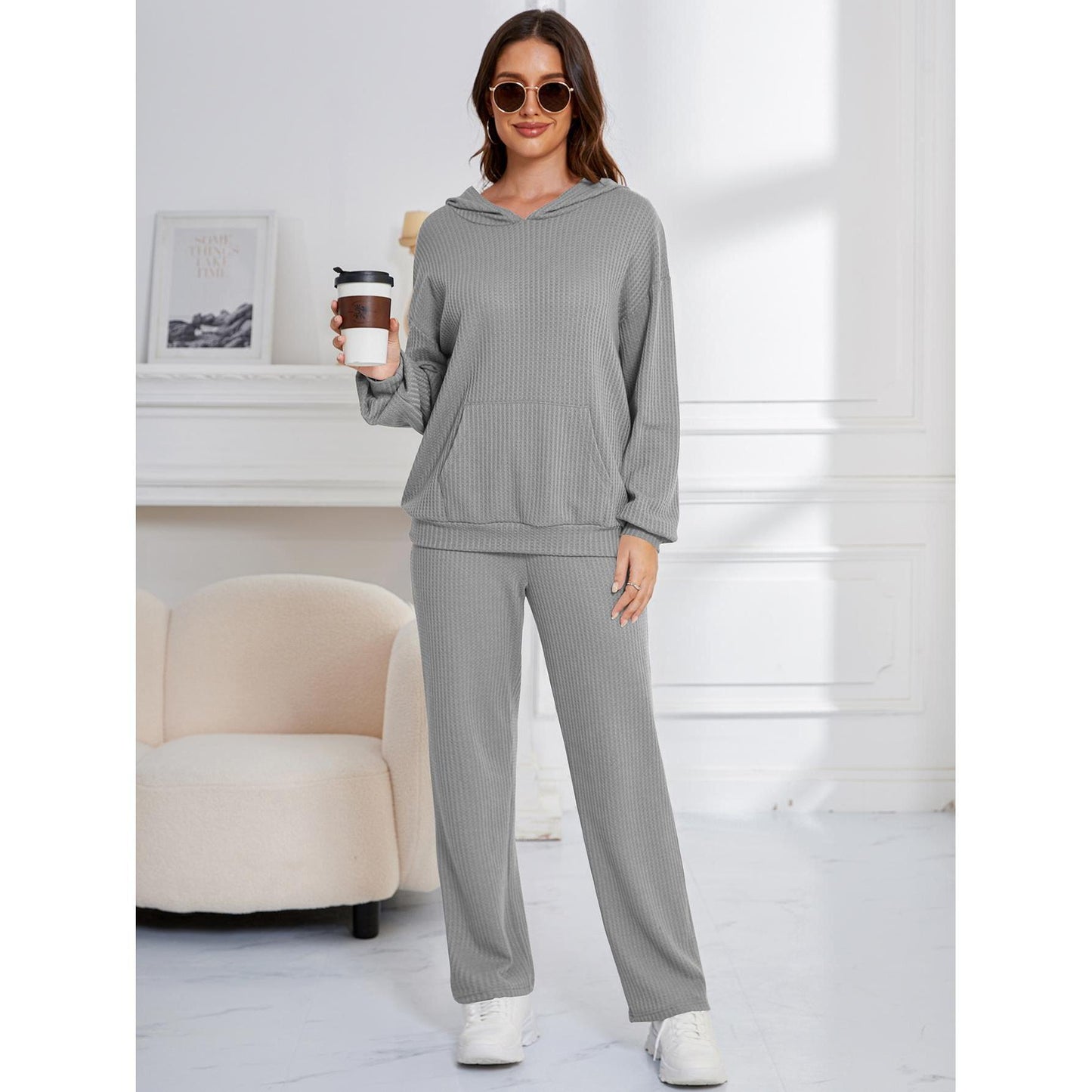 Hooded Casual Suit Women Pajamas Waffle Loose Long Sleeved Trousers Two Piece Home Wear - Wild Amber Fashion