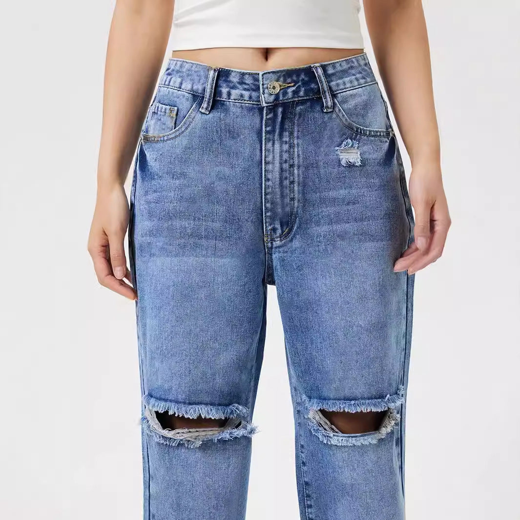 Women Clothing Loose Hole Denim Trousers