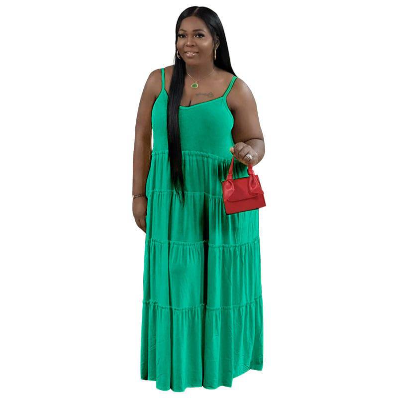 Summer Chic Plus Size Solid Color Casual Dress with Sexy Strap Pleated Stitching  XL Green 