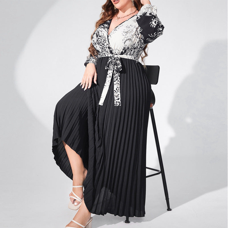 Plus Size Elegant Long Sleeve V Neck High Waist Stitching Printed Dress High End Dress - Wild Amber Fashion