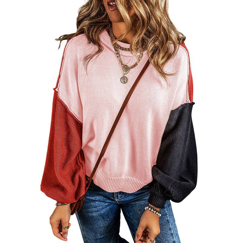 Warm and Stylish Color Block Patchwork Fall Pullover for Women  S Pink 