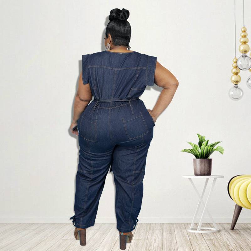 Plus Size Women Clothing Autumn New Denim Short Sleeve Wash Jumpsuit Trousers Sexy New - Wild Amber Fashion