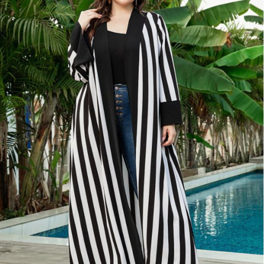 Plus Size Casual Cardigan Coat Striped Color Matching Artistic Long Sleeve Women - Wild Amber Fashion