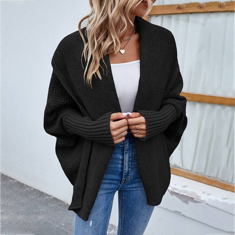 Women's Loose-Fit Knitted Batwing Sleeve Cardigan Coat  L Black 