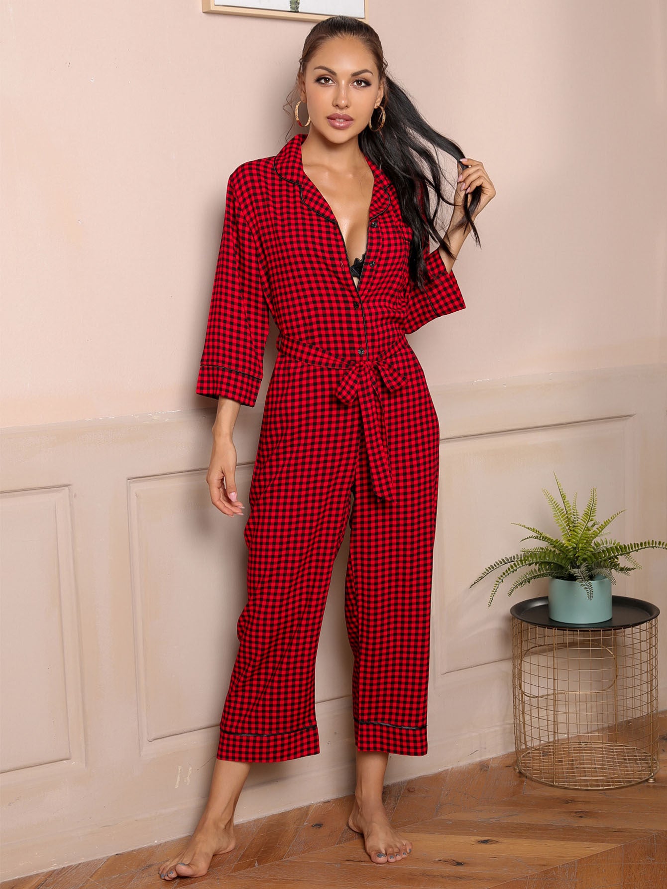 Spring Summer Pajamas Three Quarter Length Sleeves Cardigan V neck Simplicity Red Plaid Jumpsuit Home Wear - Wild Amber Fashion