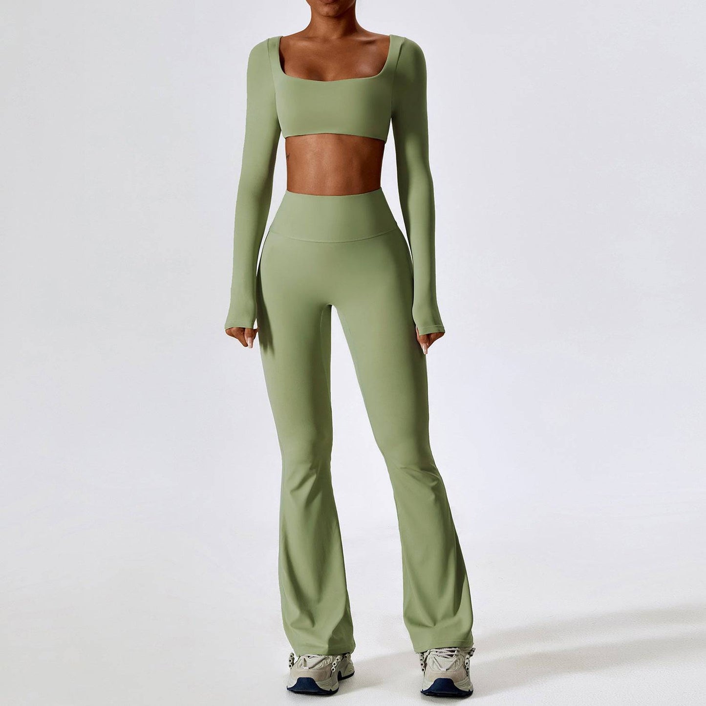 Shockproof Nude Feel Yoga Suit - Women's Quick Drying Fitness Set  S Long Sleeve Trousers Bean Green 