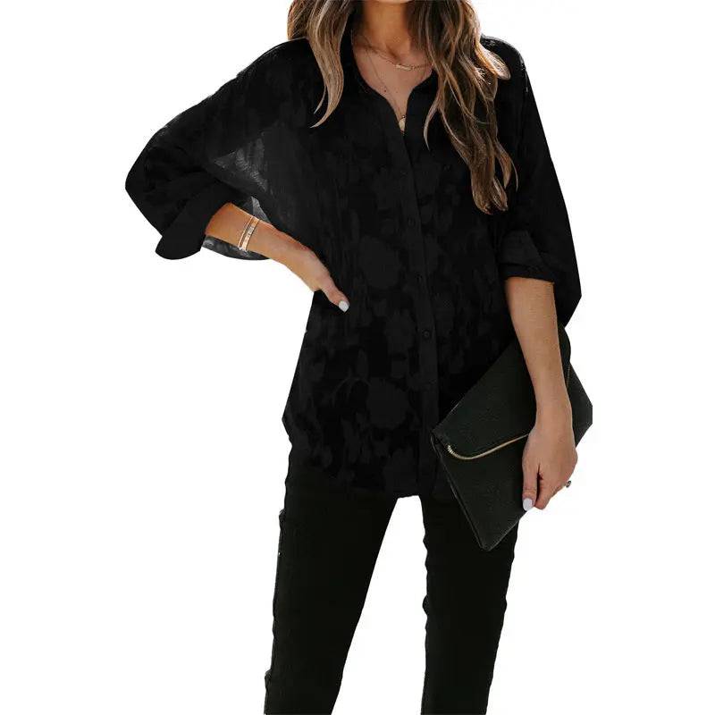 Women's Loose Fit Long Sleeve Button-Up Shirt in Solid Color  S Black 