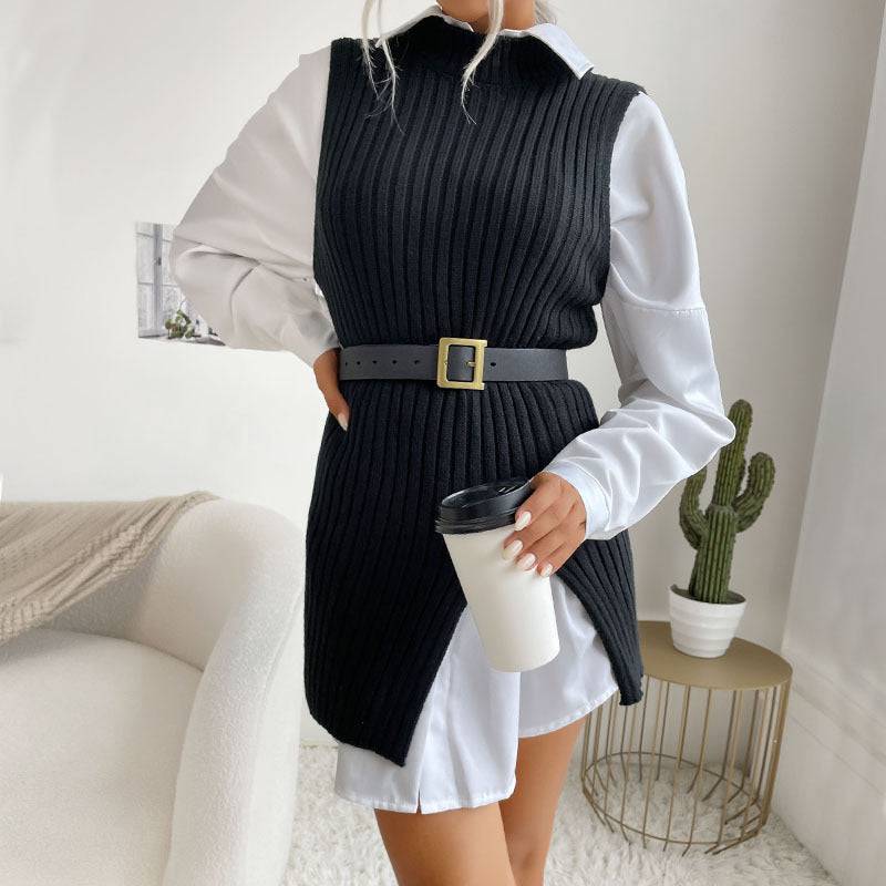 Mid Length Vest Sweater for Early Autumn in the Middle East  S Black 