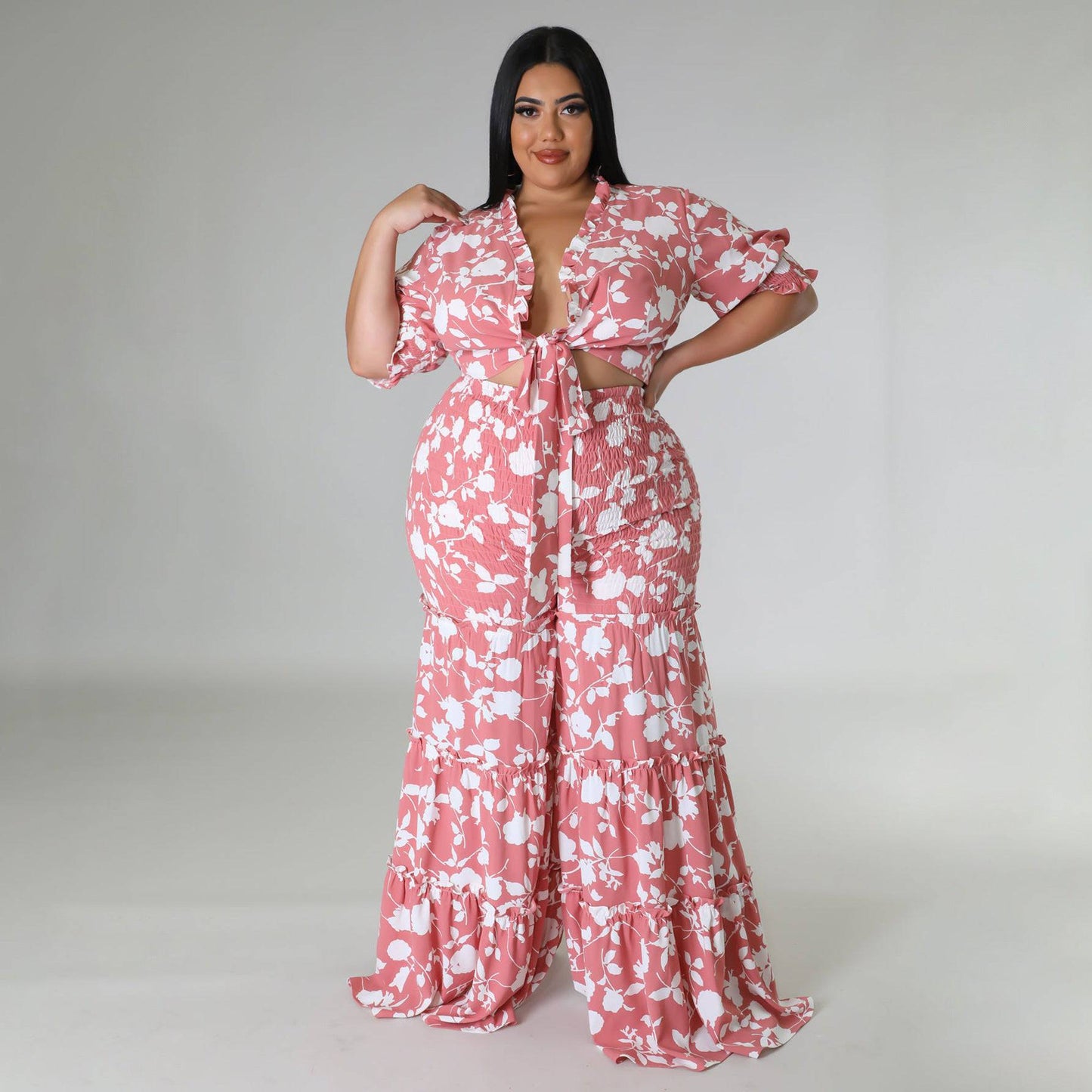 Plus Size Women Strap Printing Two Piece Suit Wide Leg Pants Summer - Wild Amber Fashion