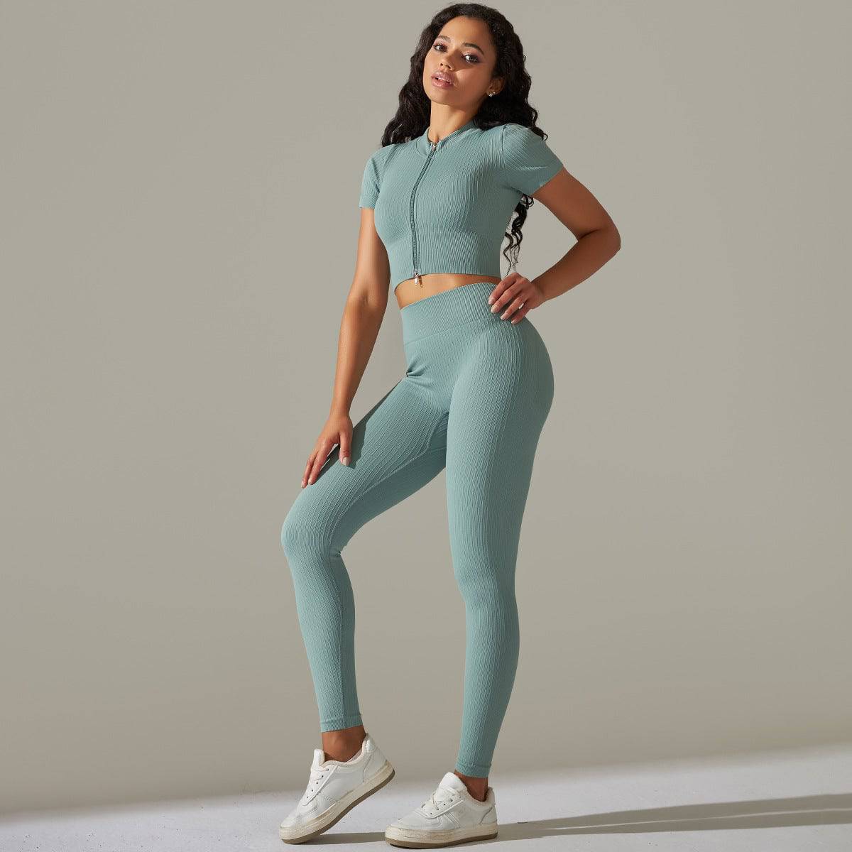 Peach Hip High Waist Seamless Yoga Set  S Blue and Gray 