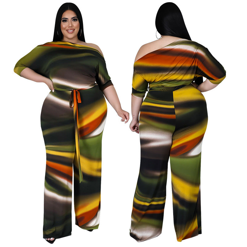 Plus Size Women Clothes Autumn Wide-Leg Pants Digital Printing Romper New Arrival - Wild Amber Fashion