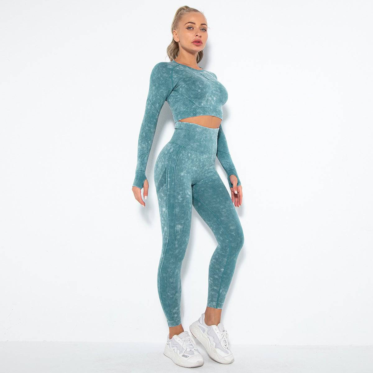 Internet Celebrity Seamless Washed Smile Yoga Suit Outdoor Sports Workout Sexy Hip Yoga Pants  S Long Sleeve Trousers Suit-Washed Dark Green 