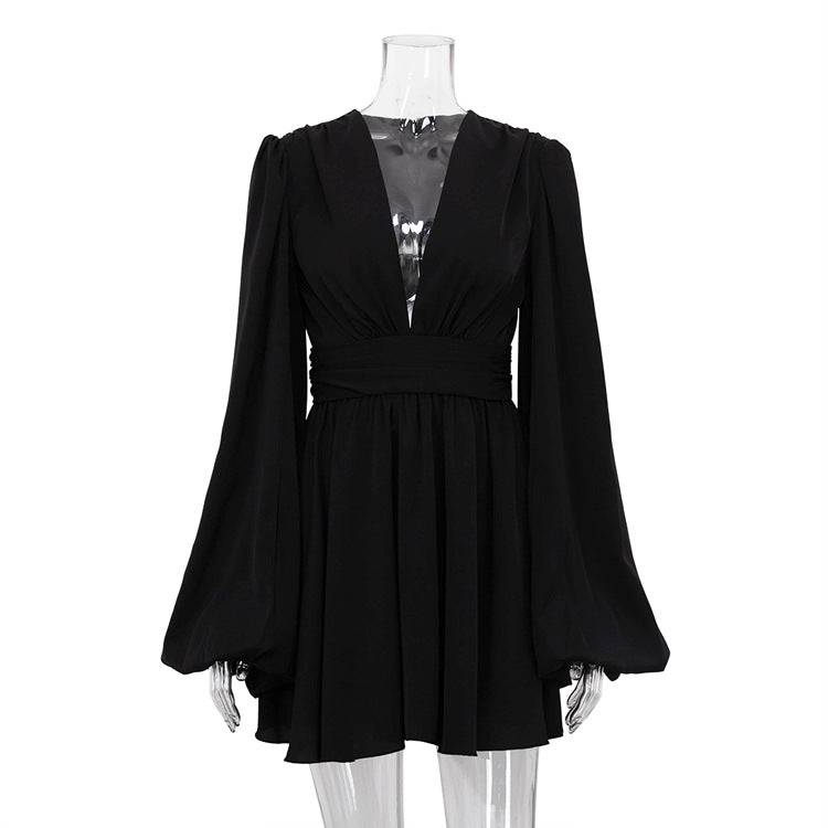 Spring Elegance Collection: Black V-Neck Puff Sleeve A-Line Dress with Abdomen Control  S Black 