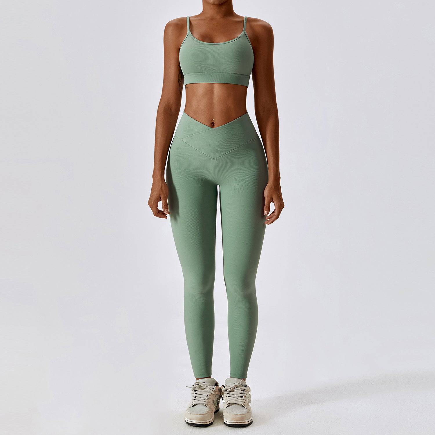 High-Rise Slim Fit Quick Drying Yoga Suit with Lace-Up Detail and Cutout Design  S -1 Bra Trousers Basil Green 