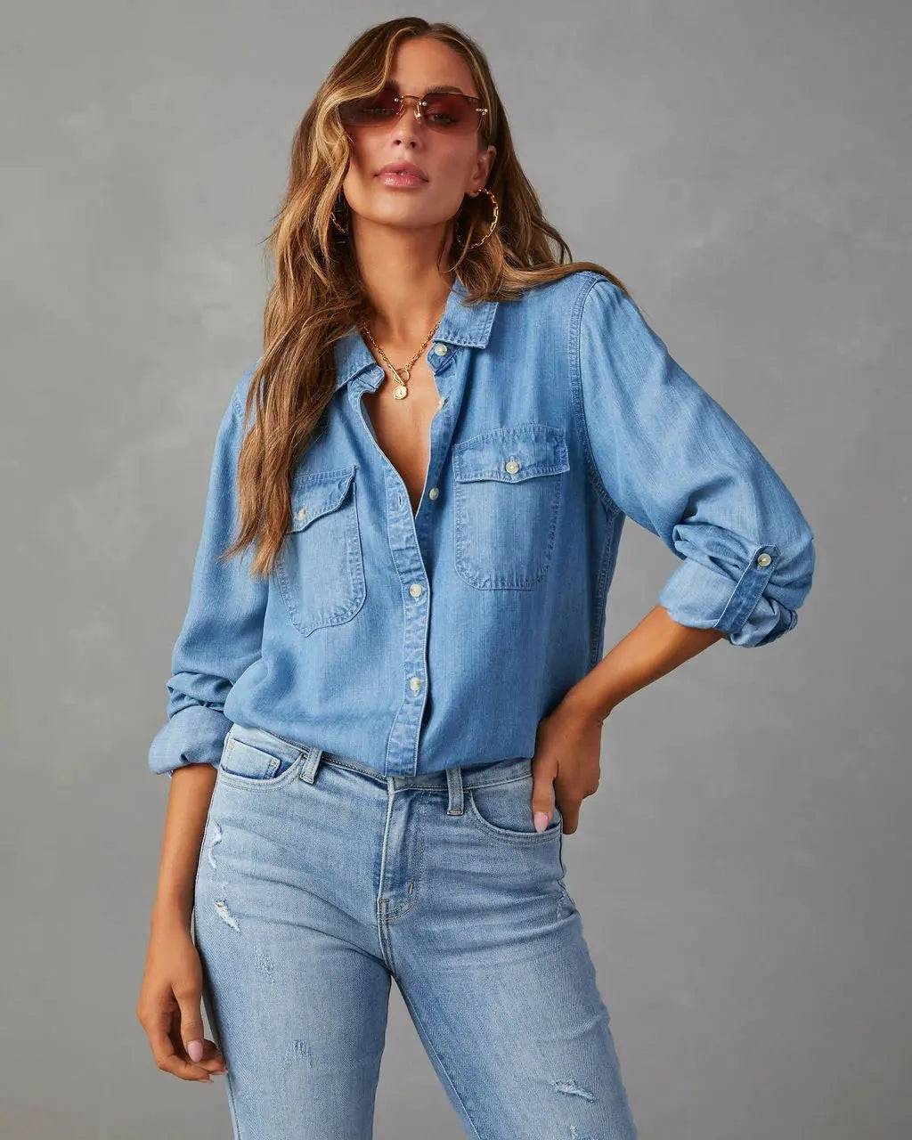 Elevated Autumn Style: Women's Collared Denim Shirt with Single-Breasted Button Closure  S Blue 