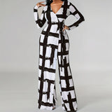 Plus Size Women Clothing V Neck Elements Printed Long Sleeve Loose Jumpsuit - Wild Amber Fashion