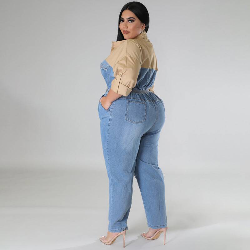 Plus Size Women Clothes Denim Contrast Color Jumpsuit - Wild Amber Fashion