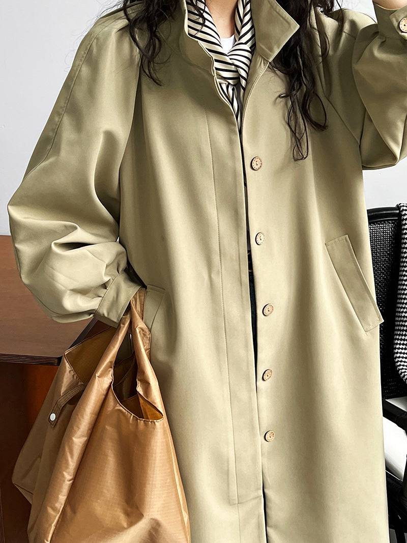 Korean Style Loose Fit Spring/Fall Trench Coat with Puff Sleeves and Waist Control  S Khaki 