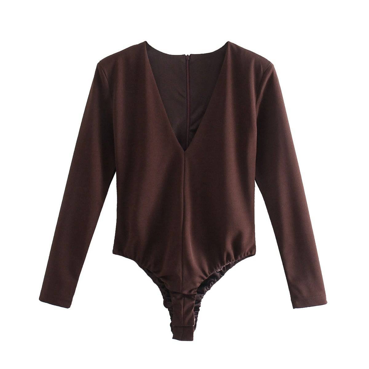 Seductive Deep V Plunge Shoulder-Padded Bodysuit for Women  S Brown 