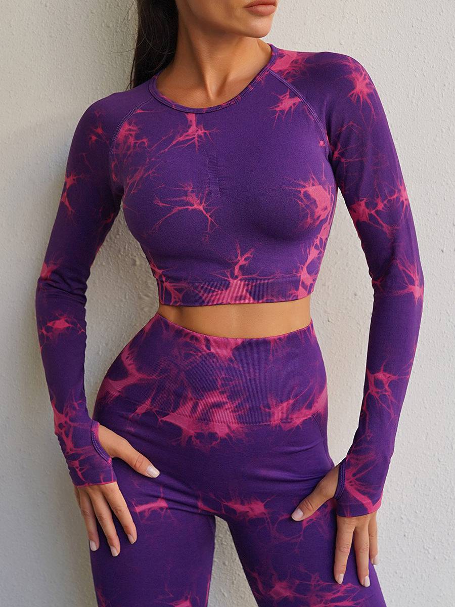 Tie Dye Yoga Set for Women: High Waist, Slim Fit, Long Sleeve Sports Suit  S Purplish Red Long-Sleeved Top 