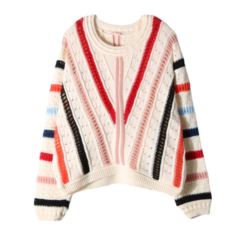 Hollow Out Diagonal Striped Batwing Sleeve Short Sweater for Women with Loose Fit  S Multi 