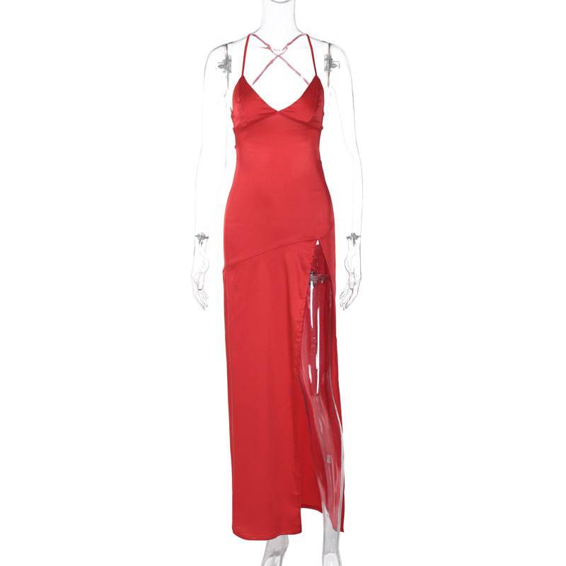 Seductive V-Neck Backless Self-Tie Winter Dress  S Red 