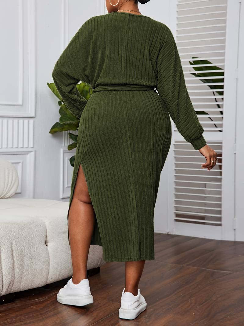 Plus Size Women Clothes V neck Lantern Sleeve Dress Autumn Winter Elegant A line Midi Dress - Wild Amber Fashion