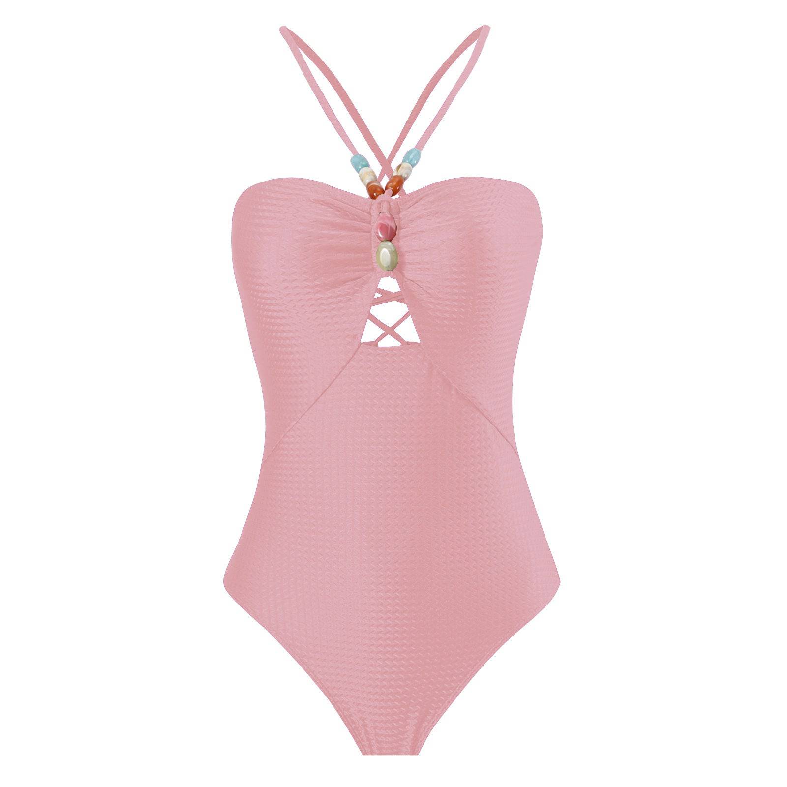 French Retro Boho One-Piece Swimsuit with Belly Coverage for Women  S Pink Swimsuit 