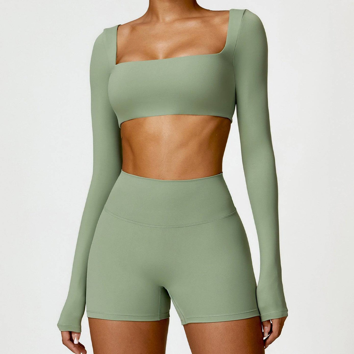 Winter Brushed Nylon Long Sleeve Crop Top  S Basil Green 