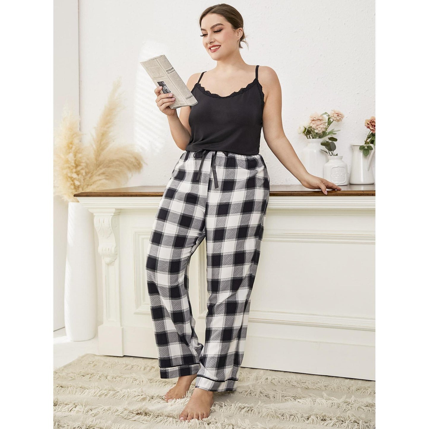 Plus Size Pajamas Plaid Lace Strap Ladies Home Casual Set - Wild Amber Fashion