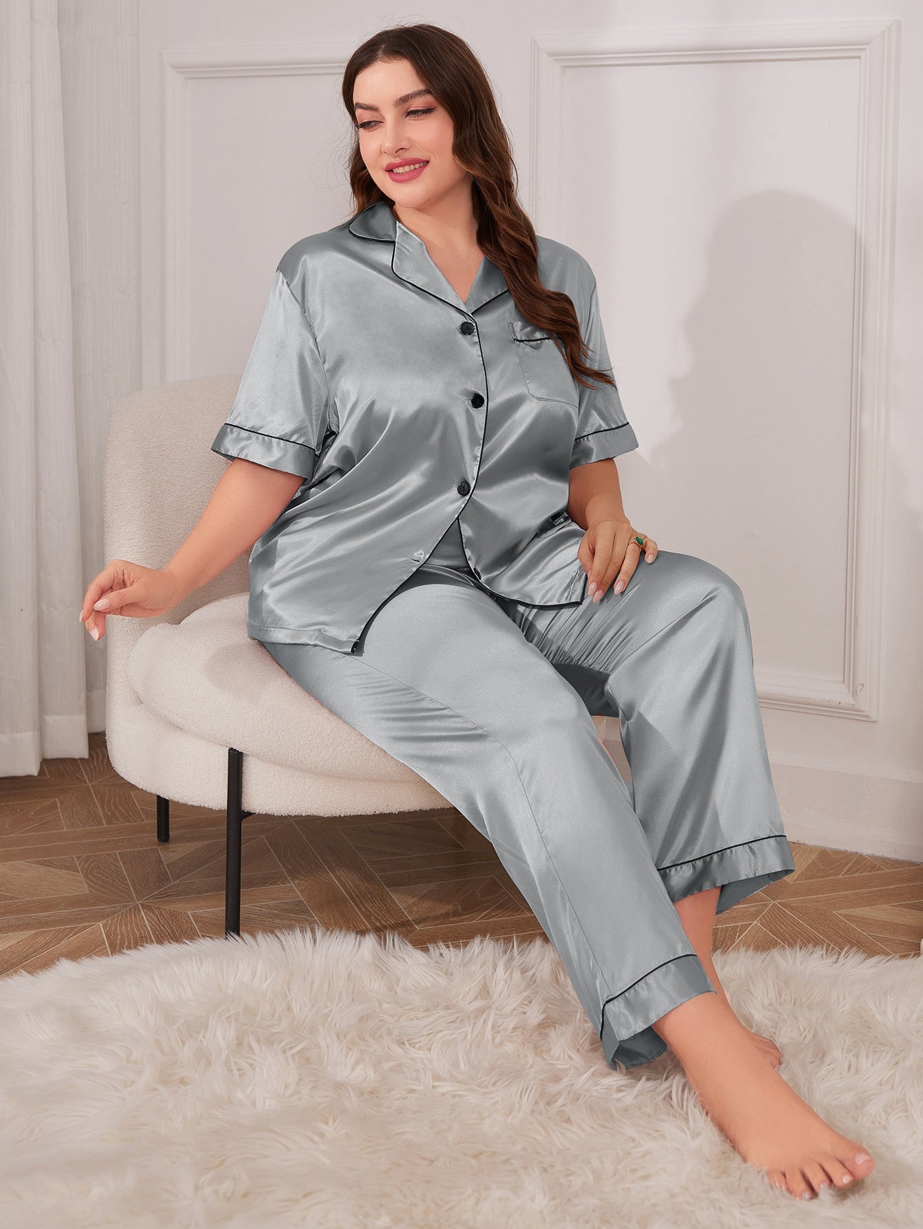 Plus Size Ice Silk Nightdress Spring Summer Simple Homewear Sexy Silk Cardigan Nightgown Women Pajamas Suit - Wild Amber Fashion