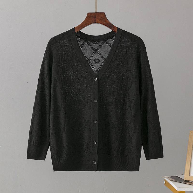 Sun-Proof Knitted Cardigan with Three Quarter Sleeves for Women  One Size Black 