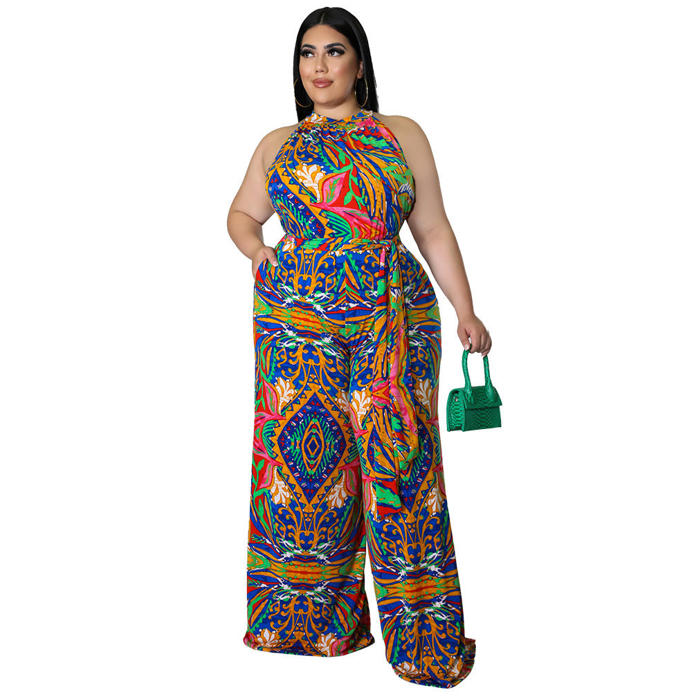 Plus Size Women Clothing Casual Halterneck Printed with Belt Jumpsuit - Wild Amber Fashion