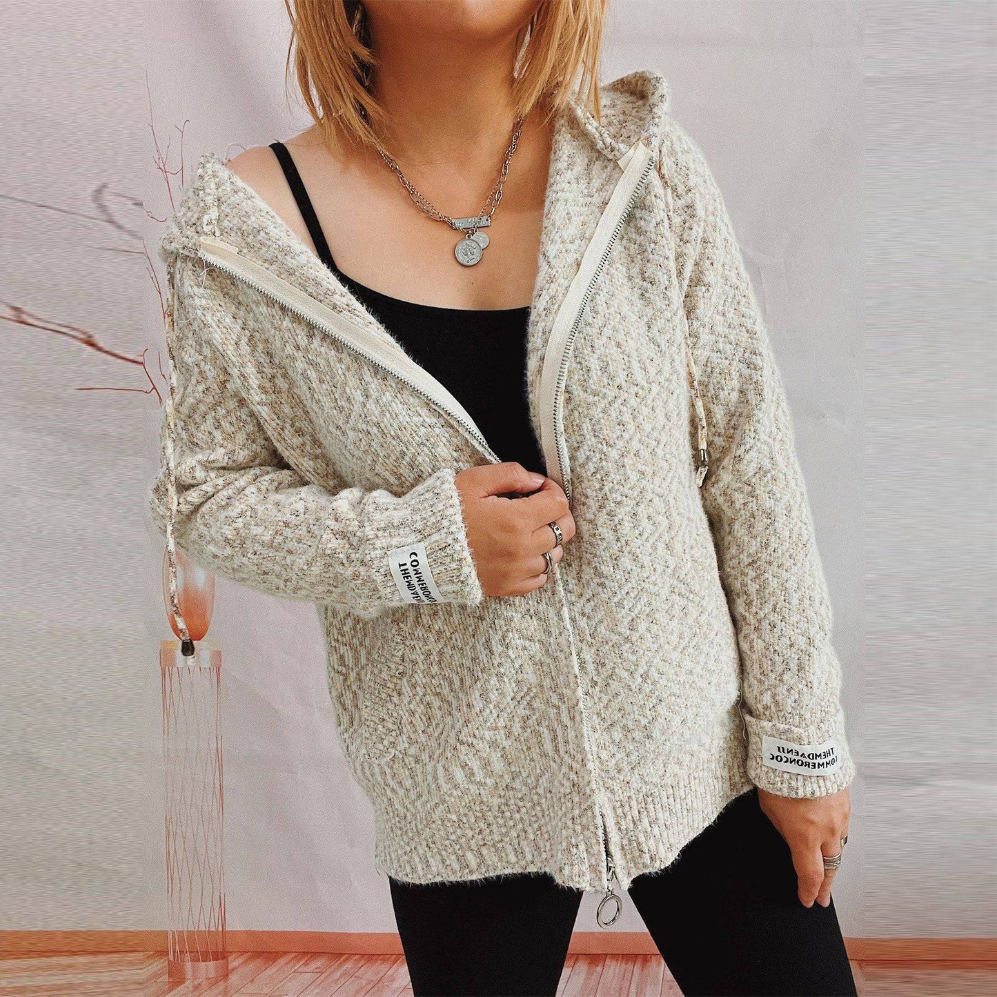 Women's Hooded Zipper Pocket Knitted Sweater Cardigan for Cozy Winter Style  S Khaki 